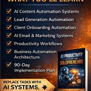Pu&ograve; includere: Immagine con il testo &laquo;&nbsp;COSA IMPARERAI&nbsp;&raquo; e un elenco di argomenti, tra cui l'automazione dei contenuti AI e i flussi di lavoro sulla produttivit&agrave;. Sulla destra c'&egrave; un libro intitolato &laquo;&nbsp;AI Productivity Systems for Solopreneurs&nbsp;&raquo;. &Egrave; presente anche il testo &laquo;&nbsp;SOSTITUISCI I COMPITI CON I SISTEMI AI, SCALA SENZA ASSUMERE&nbsp;&raquo;.