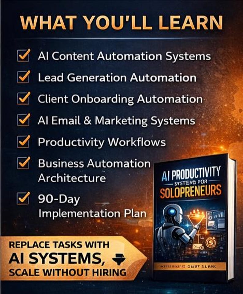 Pu&ograve; includere: Immagine con il testo &laquo;&nbsp;COSA IMPARERAI&nbsp;&raquo; e un elenco di argomenti, tra cui l'automazione dei contenuti AI e i flussi di lavoro sulla produttivit&agrave;. Sulla destra c'&egrave; un libro intitolato &laquo;&nbsp;AI Productivity Systems for Solopreneurs&nbsp;&raquo;. &Egrave; presente anche il testo &laquo;&nbsp;SOSTITUISCI I COMPITI CON I SISTEMI AI, SCALA SENZA ASSUMERE&nbsp;&raquo;.