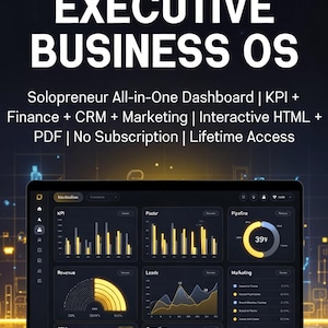 May include: A laptop screen displays a business dashboard with charts and graphs. The screen shows data visualizations for KPI, Revenue, Leads, and Marketing. Text on the screen reads "EXECUTIVE BUSINESS OS" and "Solopreneur All-in-One Dashboard".