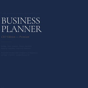 May include: A dark blue business planner with the words "BUSINESS PLANNER" in large white letters. Below, it reads "CEO Edition - Premium". Additional text includes topics like "Strategy, Finance, Executive, Marketing, Leadership, Productivity, and Wellness".