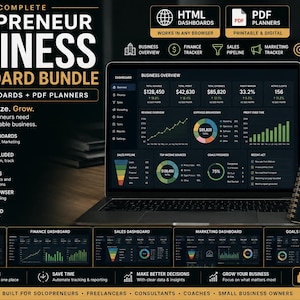 Op de afbeelding: De Complete Solopreneur Business Dashboard Bundle bevat vijf HTML-dashboards en PDF-planners. Een laptop toont een donker zakelijk overzicht met grafieken en statistieken. Een spiraalgebonden zakelijke planner is zichtbaar.