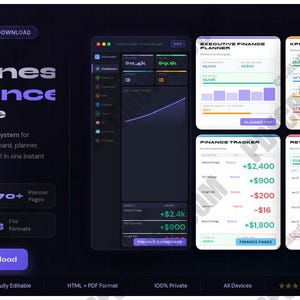 May include: A digital business finance bundle with a dark background. The bundle includes a dashboard, planner, trackers, and reports. The text includes "Business Finance Bundle" and "Instant Download". The bundle is designed for solopreneurs.