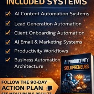 Pu&ograve; includere: Una pubblicit&agrave; con sfondo scuro e testo dorato. Il testo recita "SISTEMI INCLUSI" seguito da un elenco di sistemi di automazione. A destra, un libro intitolato "AI Productivity for Solopreneurs", con un'illustrazione di un robot. Il testo in basso dice "SEGUI IL PIANO D'AZIONE DI 90 GIORNI, VEDI RISULTATI MISURABILI."