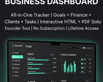 Panel de control para emprendedores individuales / Rastreador todo en uno / Metas, finanzas, clientes, tareas / Herramienta para fundadores individuales / Descarga digital