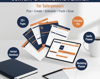 Planificador de marketing de contenidos en PDF para emprendedores individuales / Planifica, crea y programa / Calendario de redes sociales / Descarga instantánea