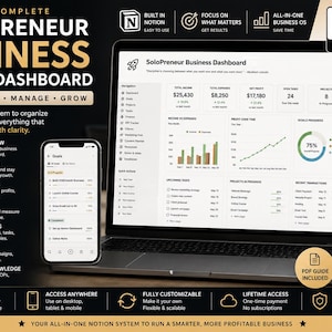 May include: A digital business management system for Notion displayed on a laptop and smartphone screen. The interface features a dashboard with financial metrics, project tracking, and task lists. A small black planner book is positioned next to the laptop.