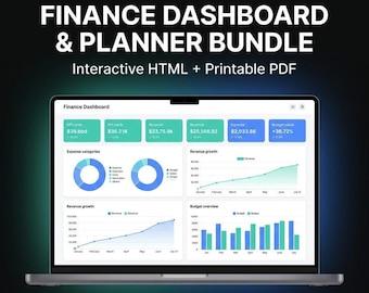 Paquete de panel de control y planificador financiero / HTML interactivo + PDF imprimible / Seguimiento de KPI de ingresos / Pequeñas empresas
