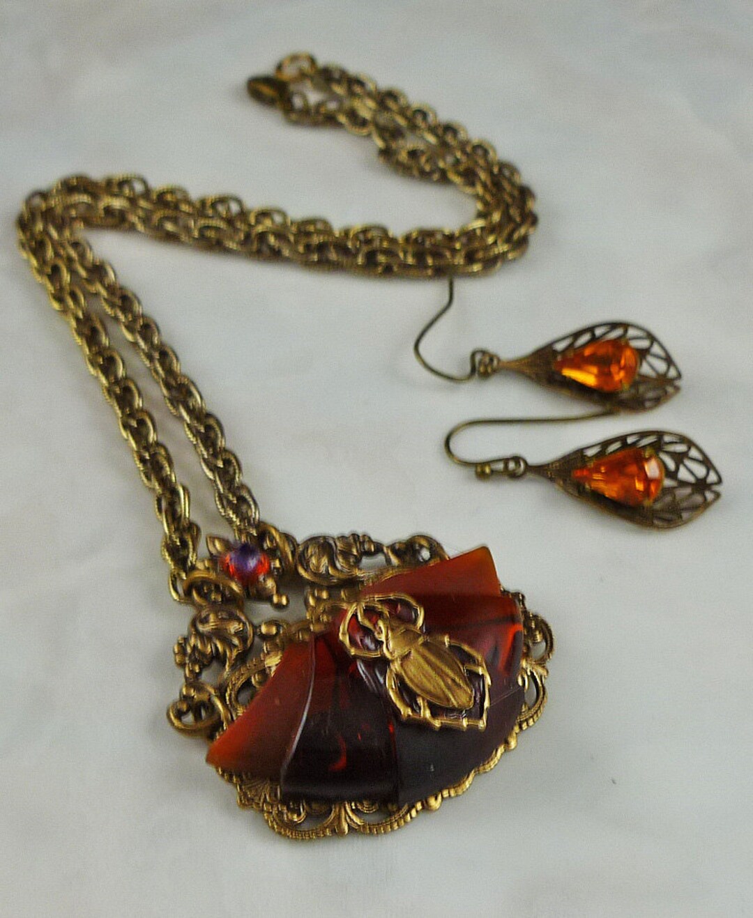 Vintage Filligree Beetle Amber Antique Gold Brass Necklace Set - Etsy