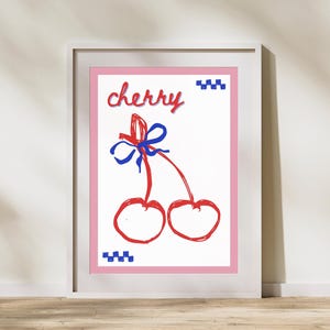 Cherry Poster Red Pink – Printable Fruit Wall Art for Kitchen & Dining, Modern Cherries Art Print with Bow for Summer Decor