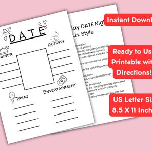 Peut inclure: Un jeu de soirée romantique imprimable en noir et blanc avec des catégories pour le dîner, l'activité, le divertissement et les friandises. Le design comprend le mot "DATE" et des icônes. L'image comprend également le texte "Téléchargement instantané".