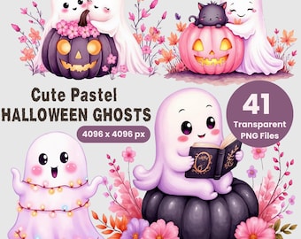 Pastel Goth Halloween Ghost Clipart Bundle, Kawaii PNG Graphics (Commercial Use)