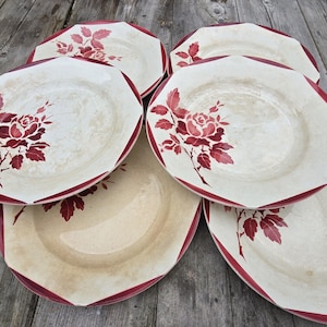 Stunning Set Of French Antique Vintage Red Trim Rose Floral &quot; Gien &quot; Plates - Beautiful Patina