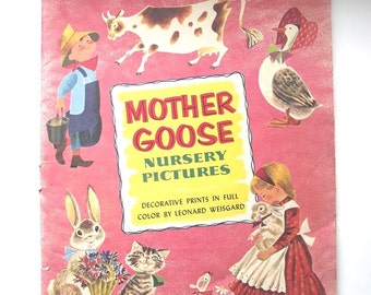 4 Mother Goose LARGE Nursery Pictures 1950s Penn Press Leonard Weisgard