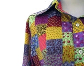 Patchwork Blouse / Vintage 70s Nylon Windbreaker Blouse 40 Inch Waist