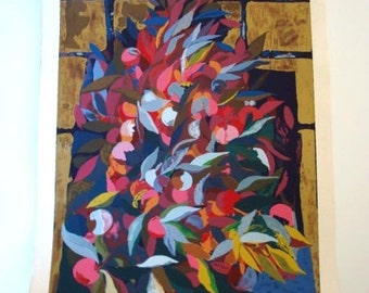 Vintage Silkscreen 80s Art Print Signed Large Still Life Floral Motif