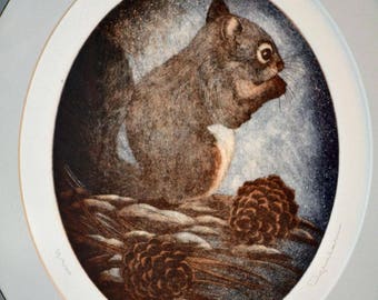 Rebekah Richmond Etching Winter Prelude Squirrel Print Signed