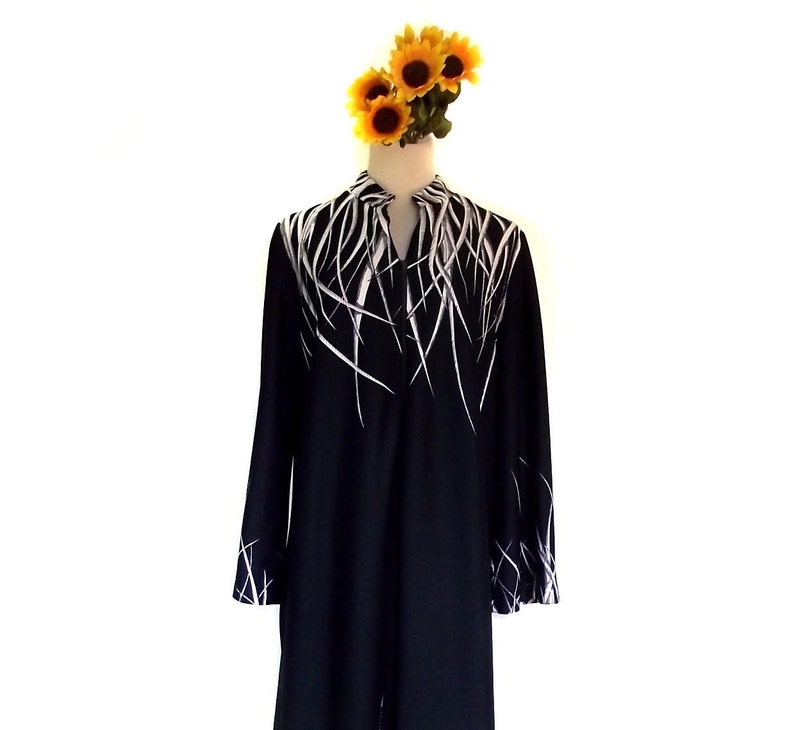 70s House Coat Housecoat Vintage Sears Lingerie Asian Influence Robe Navy White Sz L