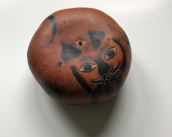 Carved Gourd Shaker Cat Caught Bird Gourd Peruvian Art