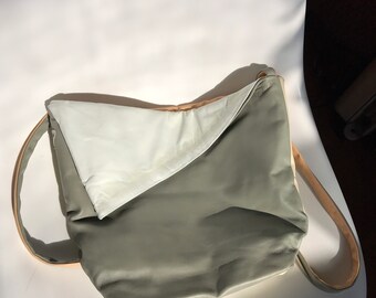 80s Color Block Leather Bag Gray White Beige Peach