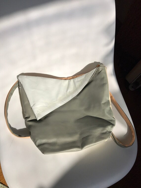 80s Color Block Leather Bag Gray White Beige Peach - image 1