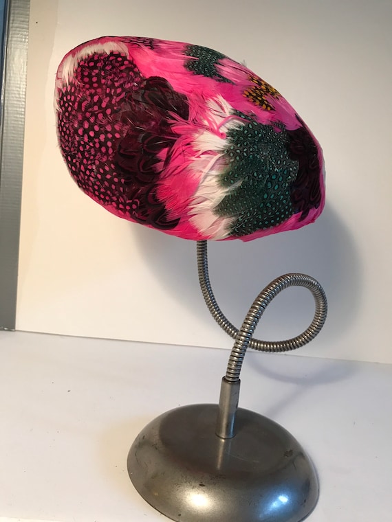Vintage Feather Pillbox Hat Rozanne Pink Round Hat - image 5