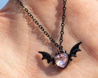 Bat Wing Necklace - Pink Crystal Heart, Black Pastel Choker