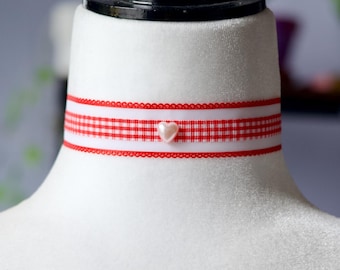 Red Gingham Ribbon Choker: Kawaii Pearl Heart Coquette Necklace, Cottagecore Retro