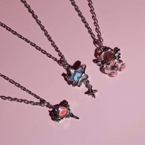 Kawaii Charm Necklace: Star, Heart & Angel Bear - Y2K Fairycore, Silver and Pink choker