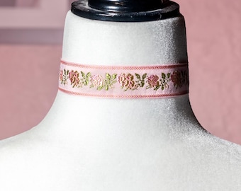 Pink Floral Embroidered Choker: Coquette Ribbon Necklace, Vintage-Inspired Collar, Handmade Dollcore