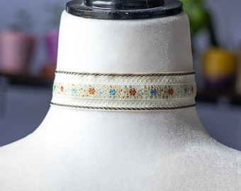Embroidered Floral Choker - Cream Ribbon Cottagecore Necklace