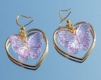 Kawaii Butterfly Heart Earrings - Fairycore Dangles, Y2K Purple Jewelry, Statement Earrings