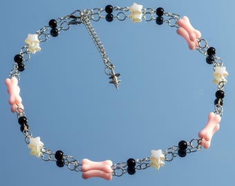 Kawaii Bone Bead Choker: Pastel Goth Star Necklace, Y2K Jewelry, Black and Pink Emo