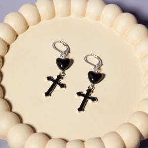 Black Goth Cross Earrings – Black Heart Emo Dangle, Morute Jewelry, Y2k Crucifix Earrings, Edgy Lightweight Alternative Jewelry