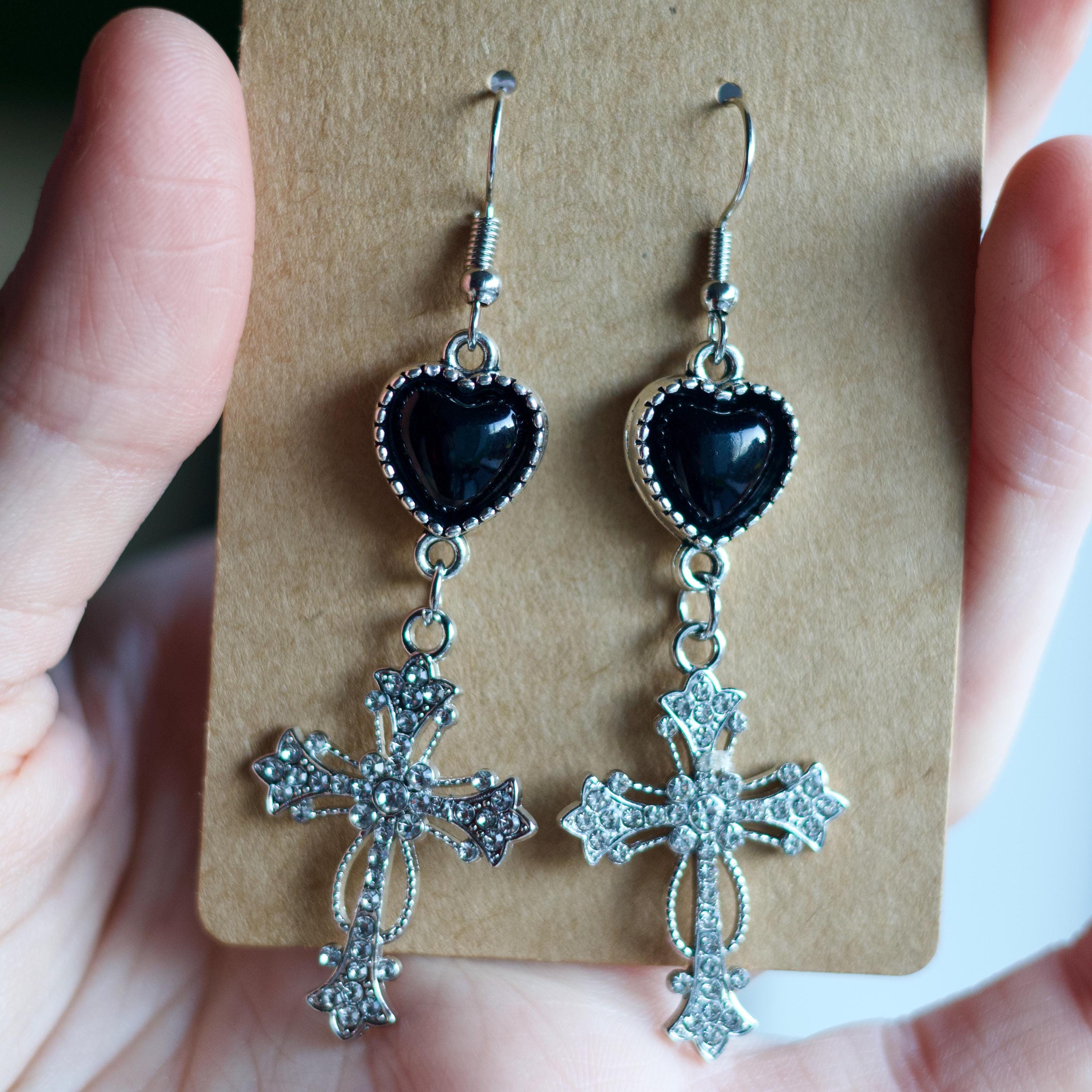 Gothic Cross Dangle Earrings – Black Heart Statement Earrings, Morute Jewelry, Vintage Crucifix Earrings, Edgy Lightweight Jewelry