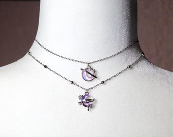 Y2K Moon Pendant Choker - Stainless Steel Chain, Holographic charm, Pastel Goth Jewelry