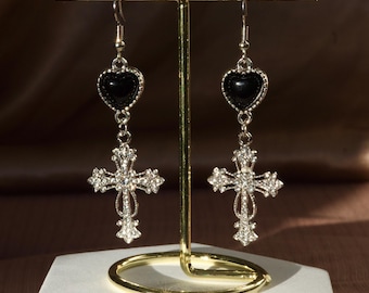 Gothic Black Heart Cross Dangle Earrings - Edgy Vintage Style, Romantic Grunge Earrings, Catholic Jewelry