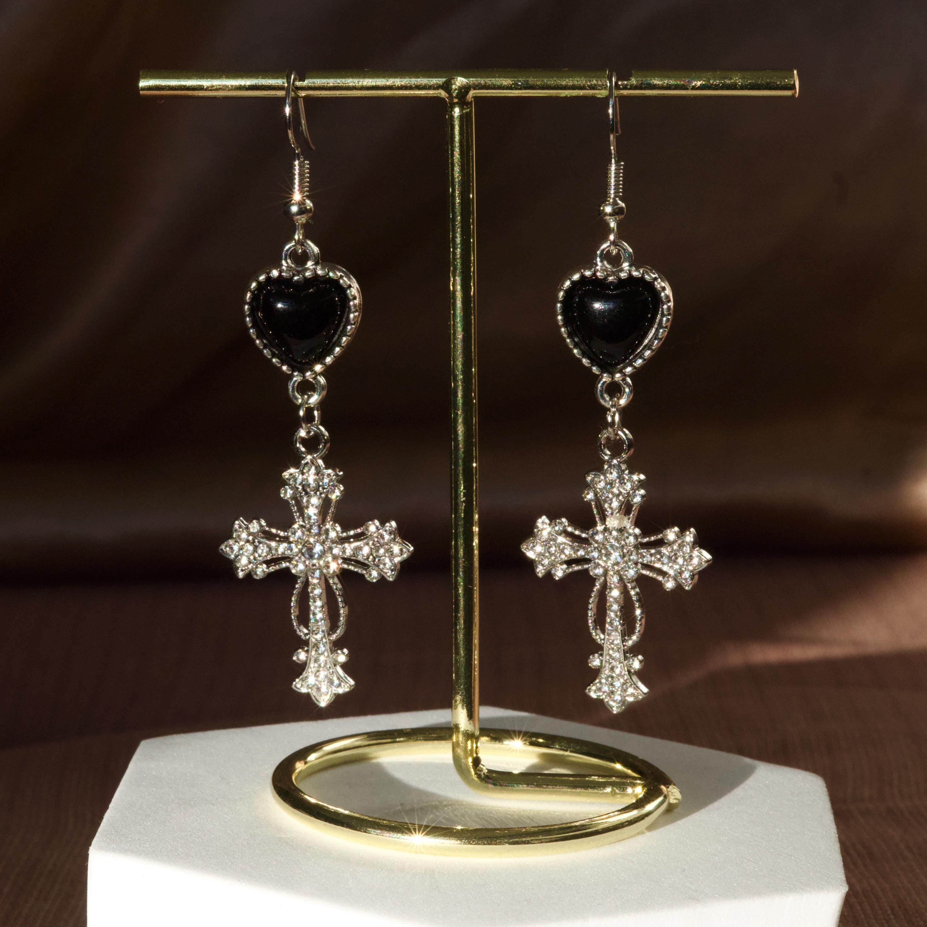 Gothic Cross Dangle Earrings – Black Heart Statement Earrings, Morute Jewelry, Vintage Crucifix Earrings, Edgy Lightweight Jewelry