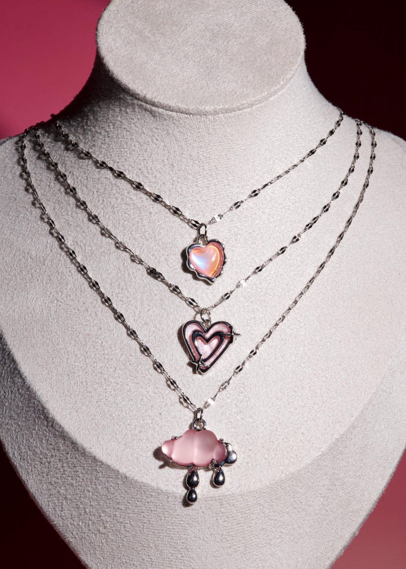Pink Y2k Charm Necklace: Cloud & Heart Fairycore Charm Chain, 16'' Stainless Steel Choker image 5