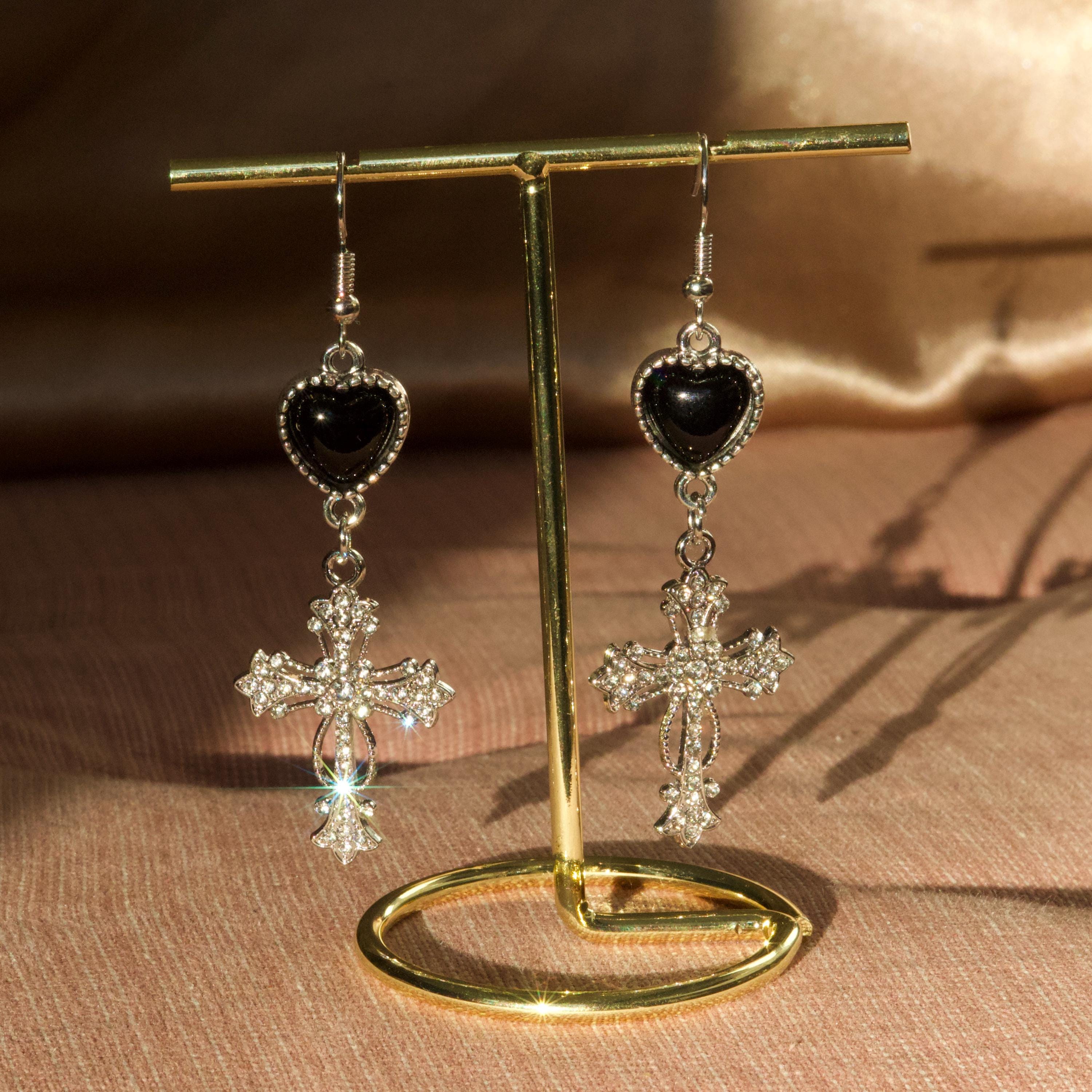 Gothic Cross Dangle Earrings – Black Heart Statement Earrings, Morute Jewelry, Vintage Crucifix Earrings, Edgy Lightweight Jewelry