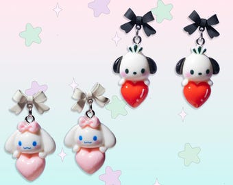 Kawaii Herz Schleife Ohrringe • Welpe oder Hase Anhänger • Pastell Y2K Schmuck • Cutecore Feen Kei Anhänger