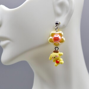 Kawaii Yellow Dog  Drop Earrings – Cute Flower and Dog Jewelry,  Handmade Accessories, Y2K Coquette Aesthetic Gift, Dollcore gift, Quirky