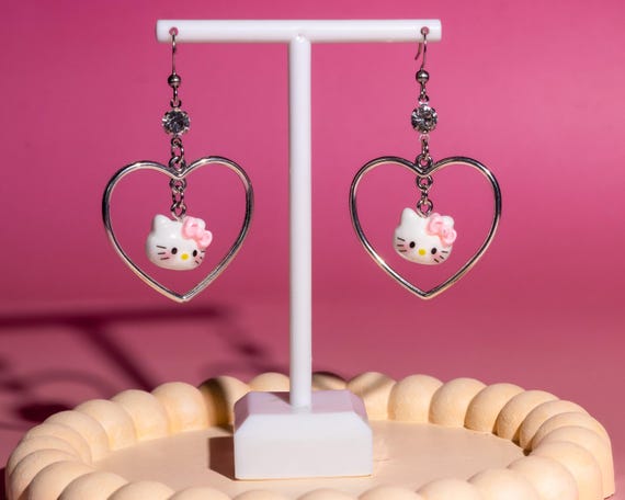 Hello Kitty Heart Hoop Earrings: Rhinestone Y2K Kawaii Jewelry, Big Soft Girl Earrings