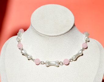 Kawaii Bone & Pink Pearl Choker - Y2K Pastel Goth Necklace, Morute Jewelry,