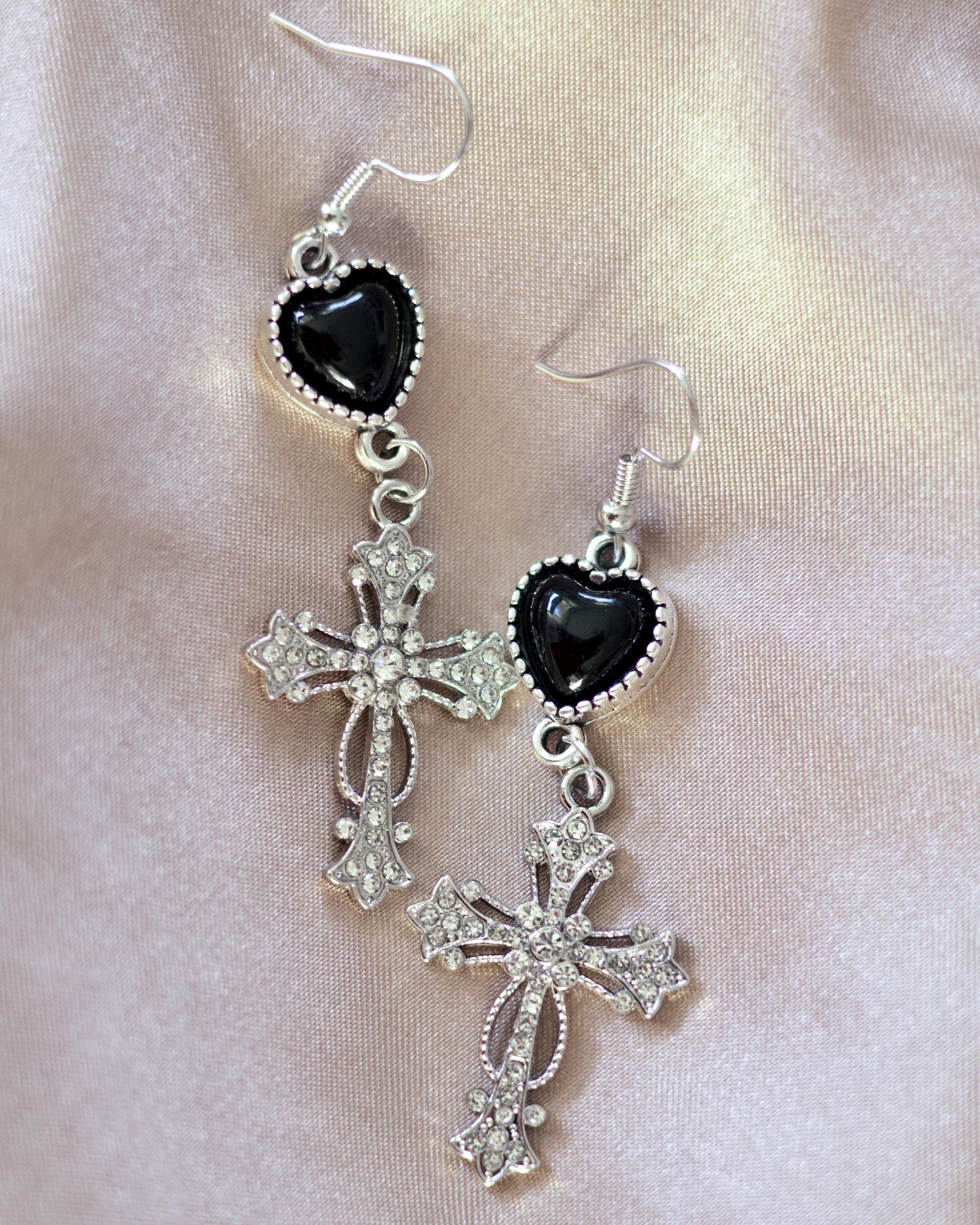 Gothic Cross Dangle Earrings – Black Heart Statement Earrings, Morute Jewelry, Vintage Crucifix Earrings, Edgy Lightweight Jewelry
