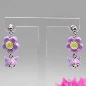 Purple Kawaii Character Dangle Earrings - Japan Emo Kitty Coquette Charms - Shiny Halo Flower - Y2k Gift for her - Dollcore Fairy Kei Cute