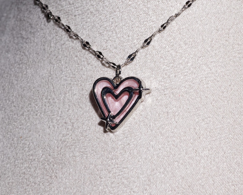 Pink Y2k Charm Necklace: Cloud & Heart Fairycore Charm Chain, 16'' Stainless Steel Choker Double heart