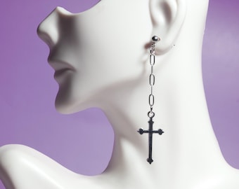 Grunge Cross Dangle Earrings - Silver Punk Chain, Edgy Unisex Goth Jewelry