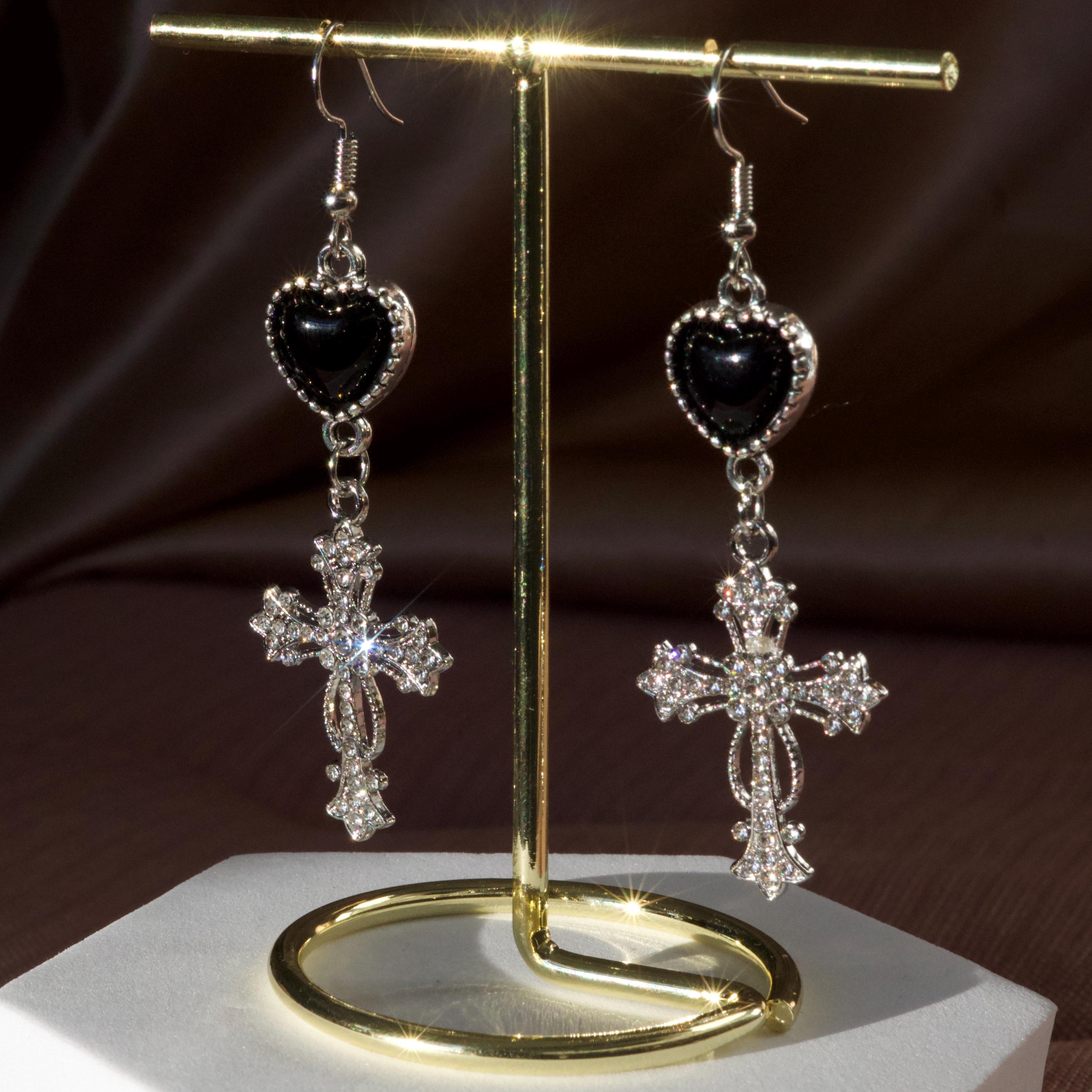 Gothic Cross Dangle Earrings – Black Heart Statement Earrings, Morute Jewelry, Vintage Crucifix Earrings, Edgy Lightweight Jewelry