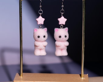 Kawaii Calico Critter Cat Earrings • Fairy Kei Hypoallergenic Dangle • Pink Plushie Kitten Sylvanian Accessory