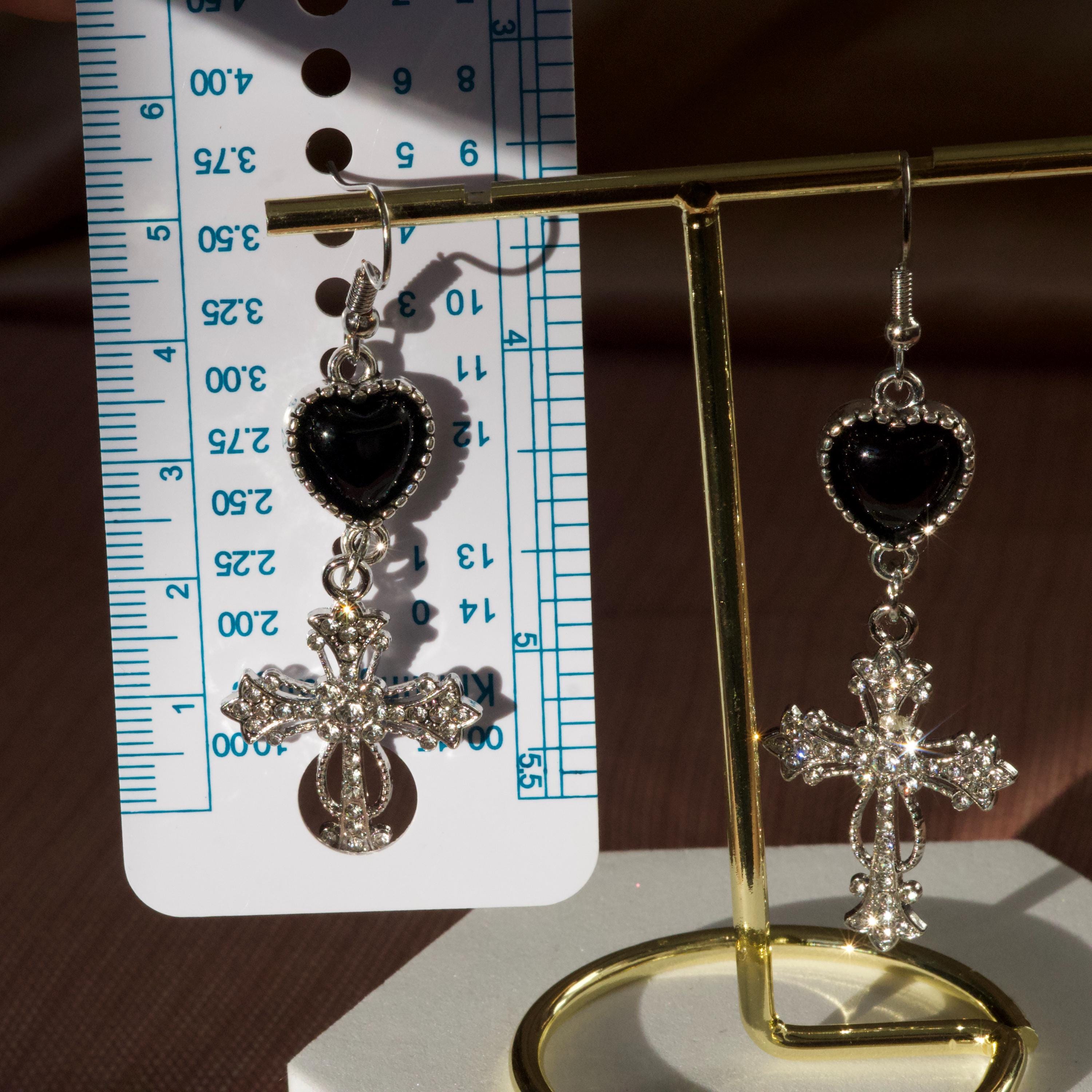 Gothic Cross Dangle Earrings – Black Heart Statement Earrings, Morute Jewelry, Vintage Crucifix Earrings, Edgy Lightweight Jewelry